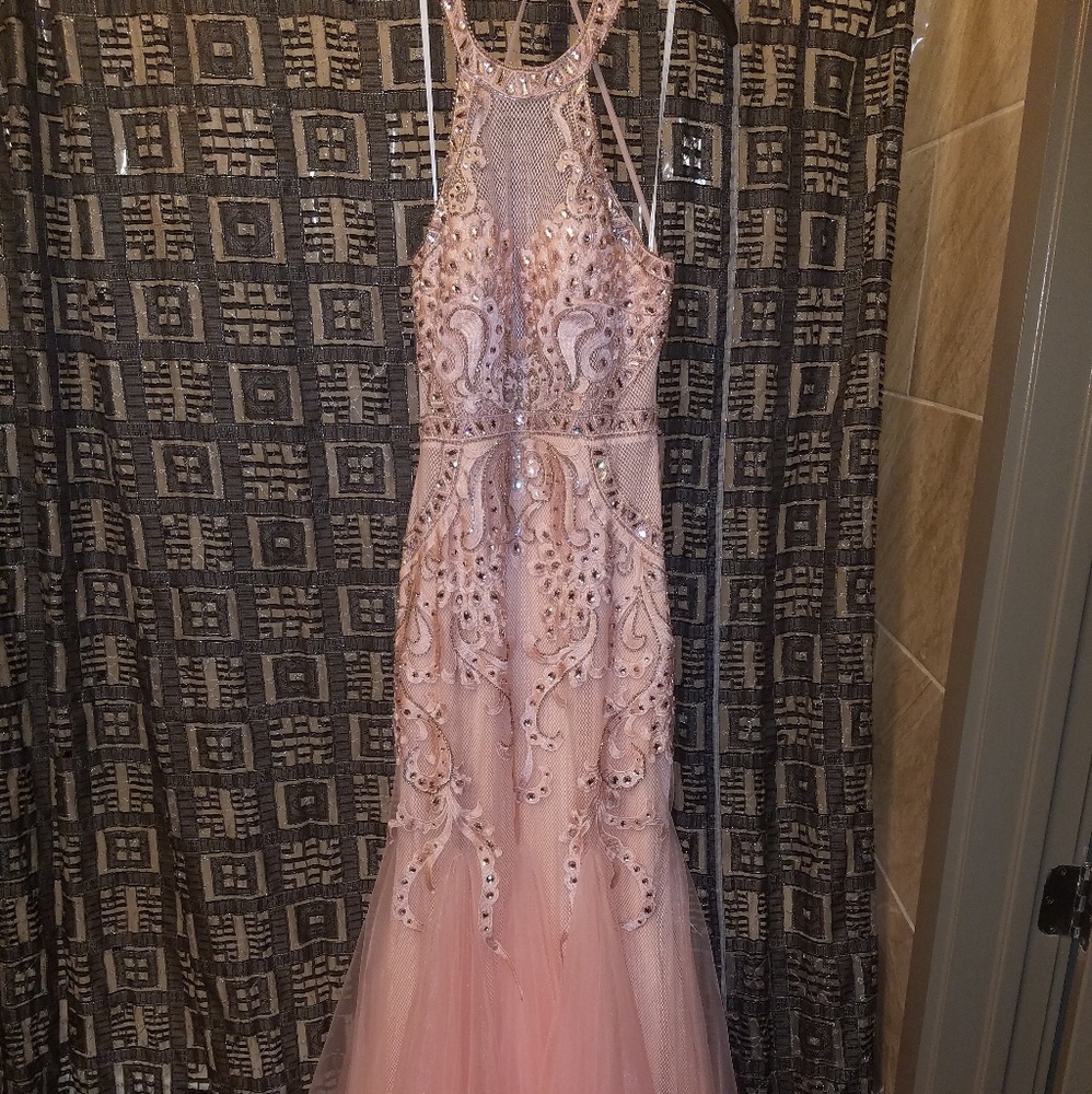 Blush/pink halter top embellished gown